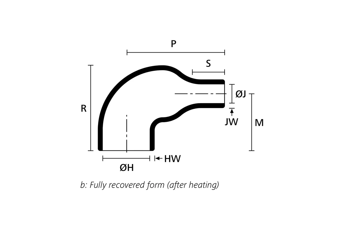 Technical drawing showing the fully recovered form of a right angle heat shrink molded shape without rib