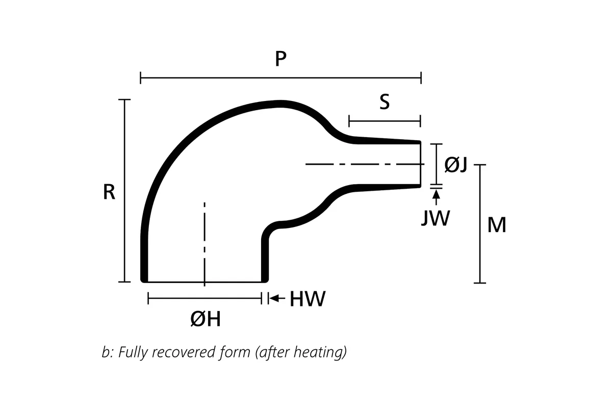 Technical drawing showing the fully recovered form of a thick wall right angle heat shrink molded shape