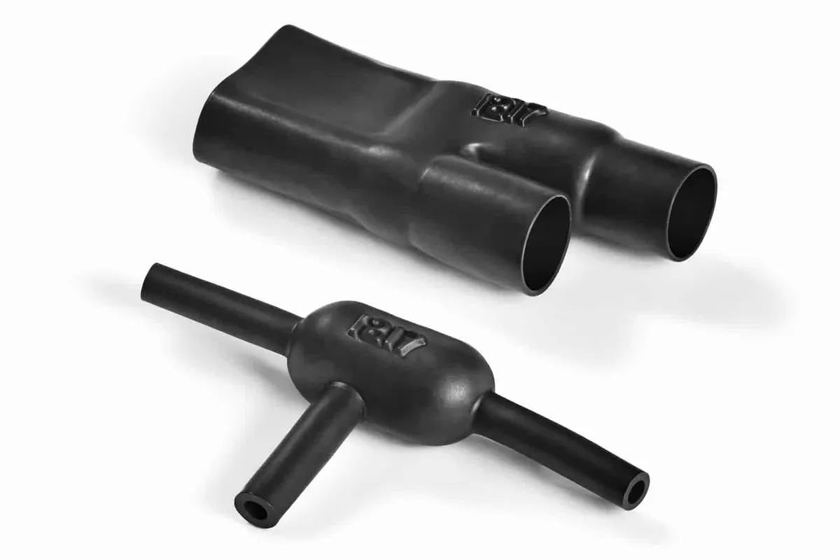 Helashrink 1217-1 offset T-shape heat shrink moulding for harness transitions, sealing, strain relief