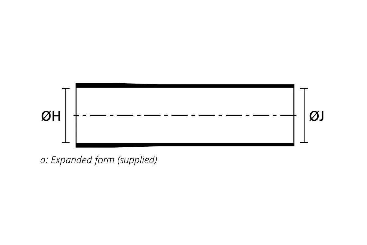 Technical drawing showing the expanded supplied form of a long outlet heat shrink molded shape without rib