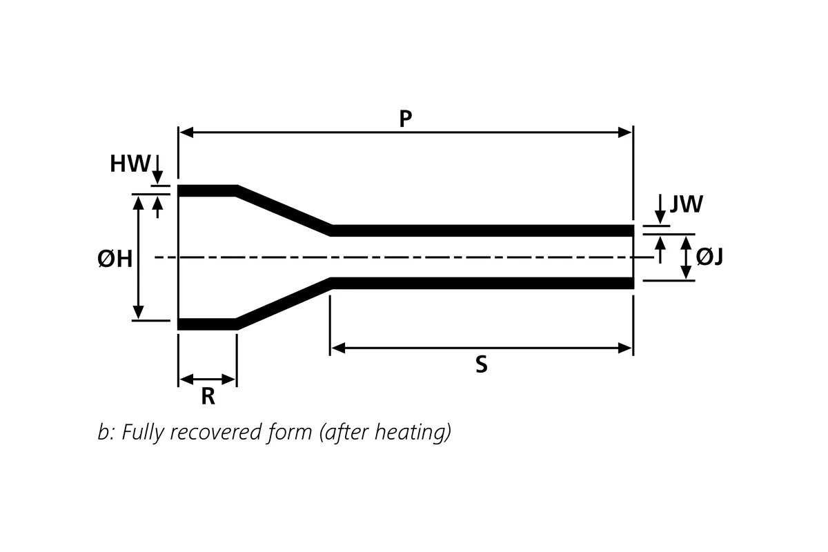 Technical drawing showing the fully recovered form of a long outlet heat shrink molded shape without rib