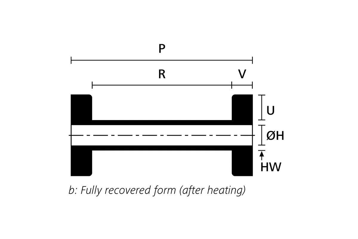 Technical drawing showing the fully recovered form of a heat shrink locating bush