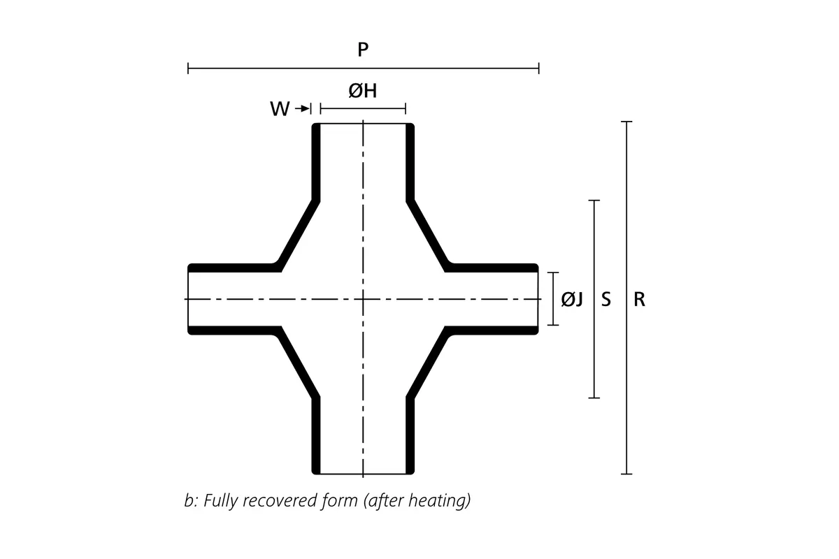 Technical drawing showing the fully recovered form of a right angle heat shrink cross shape