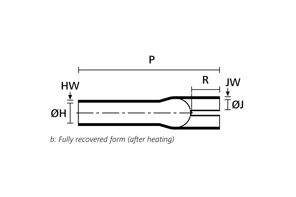 Technical drawing showing the fully recovered side view of a three way heat shrink outlet breakout boot