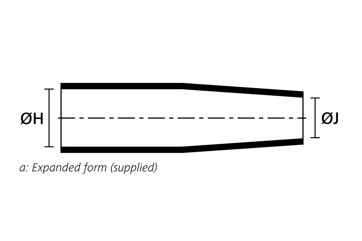 Technical drawing showing the expanded supplied form of a low profile heat shrink shim boot