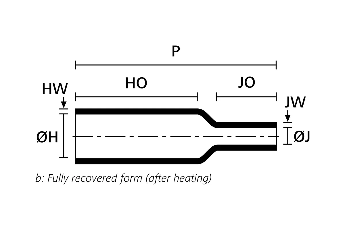 Technical drawing showing the fully recovered form of a low profile heat shrink shim boot
