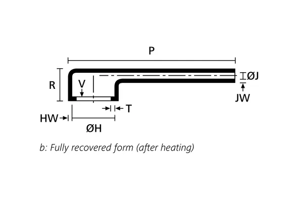 Technical drawing showing the fully recovered side view of a low profile right angle heat shrink molded shape