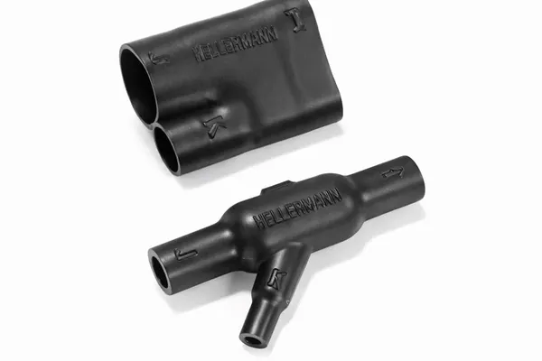 Helashrink 1300 angled T-shape heat shrink moulding with 30° and 45° branches for harness protection