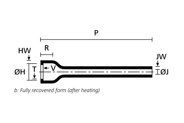 Technical drawing showing the fully recovered form of a long outlet heat shrink molded shape with rib