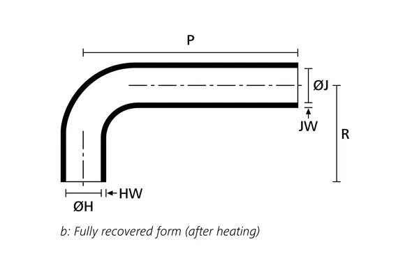 Technical drawing showing the fully recovered form of a 90° heat shrink elbow shape