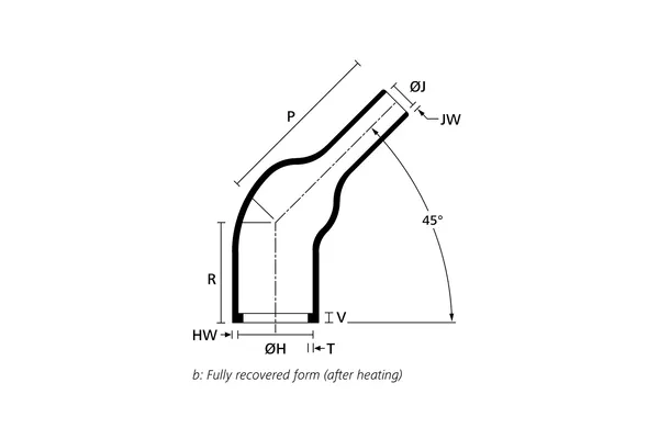 Technical drawing showing the fully recovered form of 1837-5, a 45° heat shrink angle shape