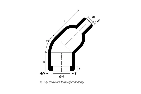 Technical drawing showing the fully recovered form of a heat shrink angled molded shape