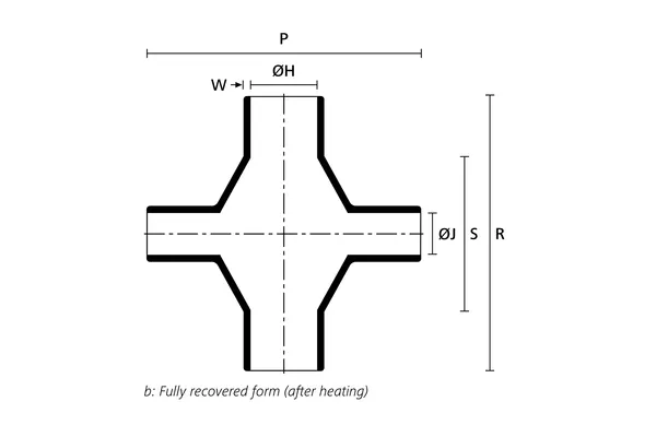 Technical drawing showing the fully recovered form of a right angle heat shrink cross shape
