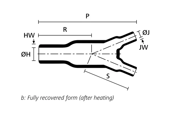Technical drawing showing the fully recovered form of a two way heat shrink outlet shape