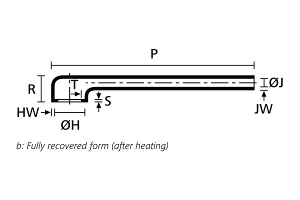 Technical drawing showing the fully recovered side view of a low profile right angle heat shrink boot