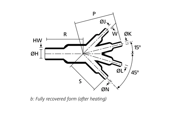 Technical drawing showing the fully recovered form of a four way heat shrink outlet shape