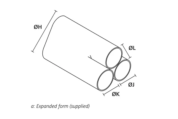 Technical drawing showing the expanded supplied form of a low profile heat shrink transition boot for one to three cables