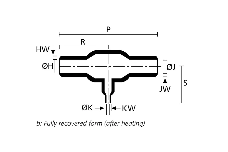 Technical drawing showing the fully recovered form of a T-shaped heat shrink molded shape