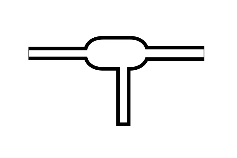 Diagram of Helashrink 1217-1 series offset T shaped heat shrink molded shape for cable harness transitions