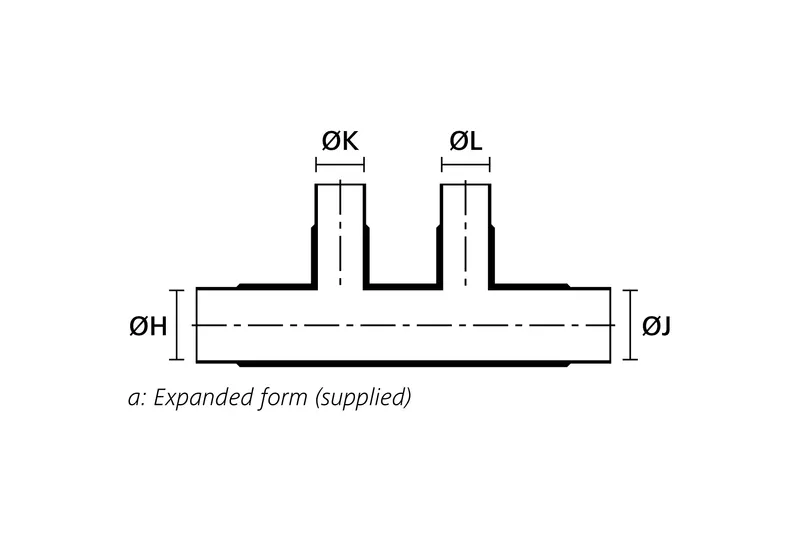 Technical drawing showing the expanded supplied form of a double T heat shrink molded shape
