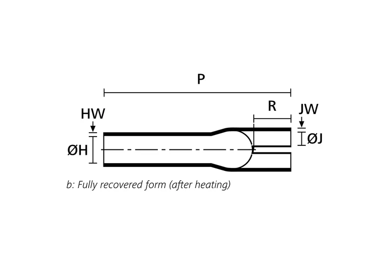 Technical drawing showing the fully recovered side view of a three way heat shrink outlet breakout boot