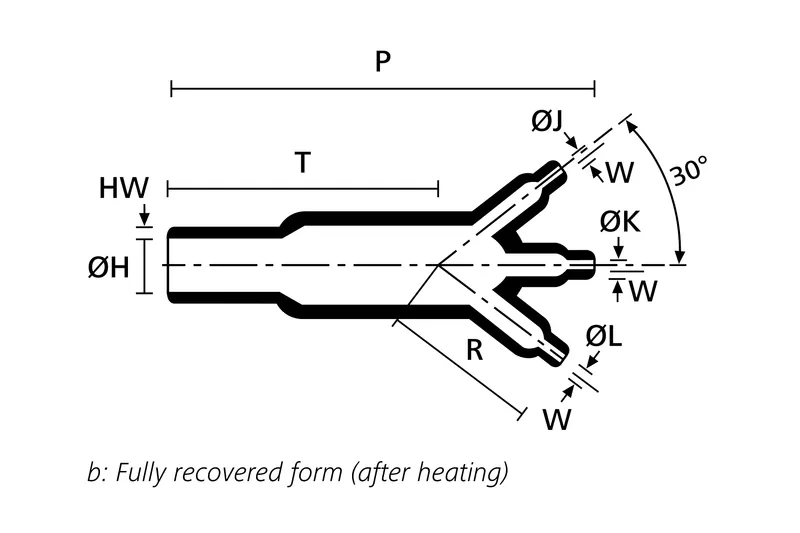 Technical drawing showing the fully recovered side view of a three way heat shrink outlet shape