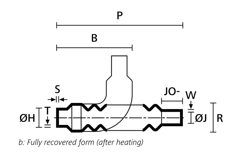 Technical drawing showing the fully recovered form of a low profile convolute heat shrink boot
