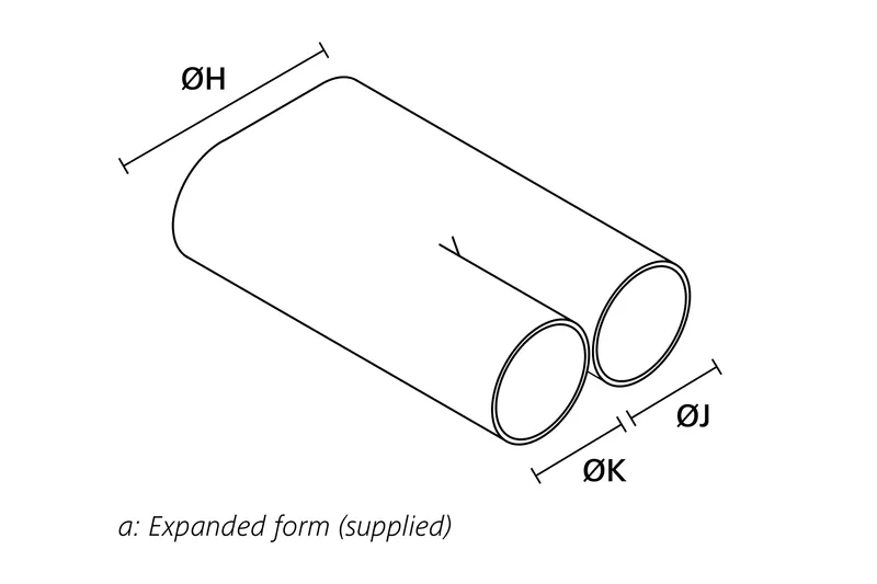 Technical drawing showing the expanded supplied form of a low profile heat shrink transition boot for one to two cables