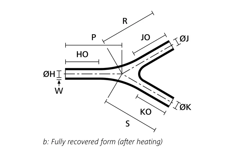 Technical drawing showing the fully recovered form of a low profile heat shrink transition boot