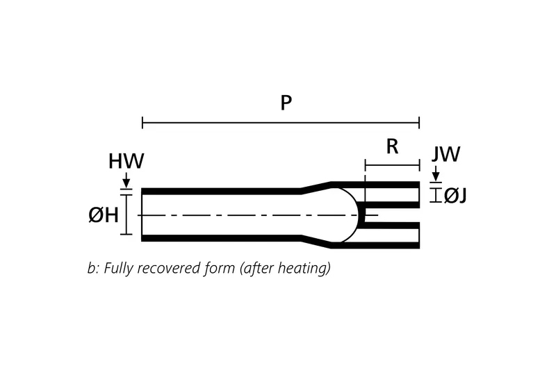 Technical drawing showing the fully recovered side view of a five way heat shrink outlet breakout boot